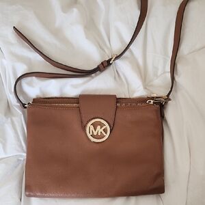 Michael Kors Tan Leather Crossbody Bag with Gold Emblem